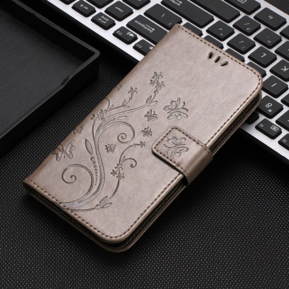 Kožený Kryt Motorola Edge 50 Fusion Květiny A Motýli