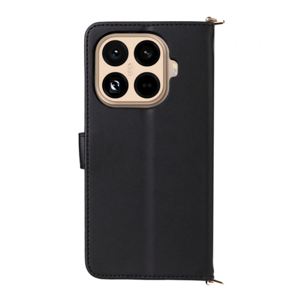 Kožený Kryt Na Xiaomi 15t Pro Prošívaná S Popruhem A Poutkem Na Zápěstí