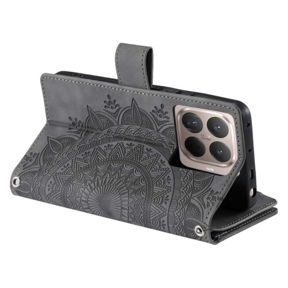 Kožený Kryt Xiaomi 15t Pro Peněženka S Efektem Semiše S Mandalou