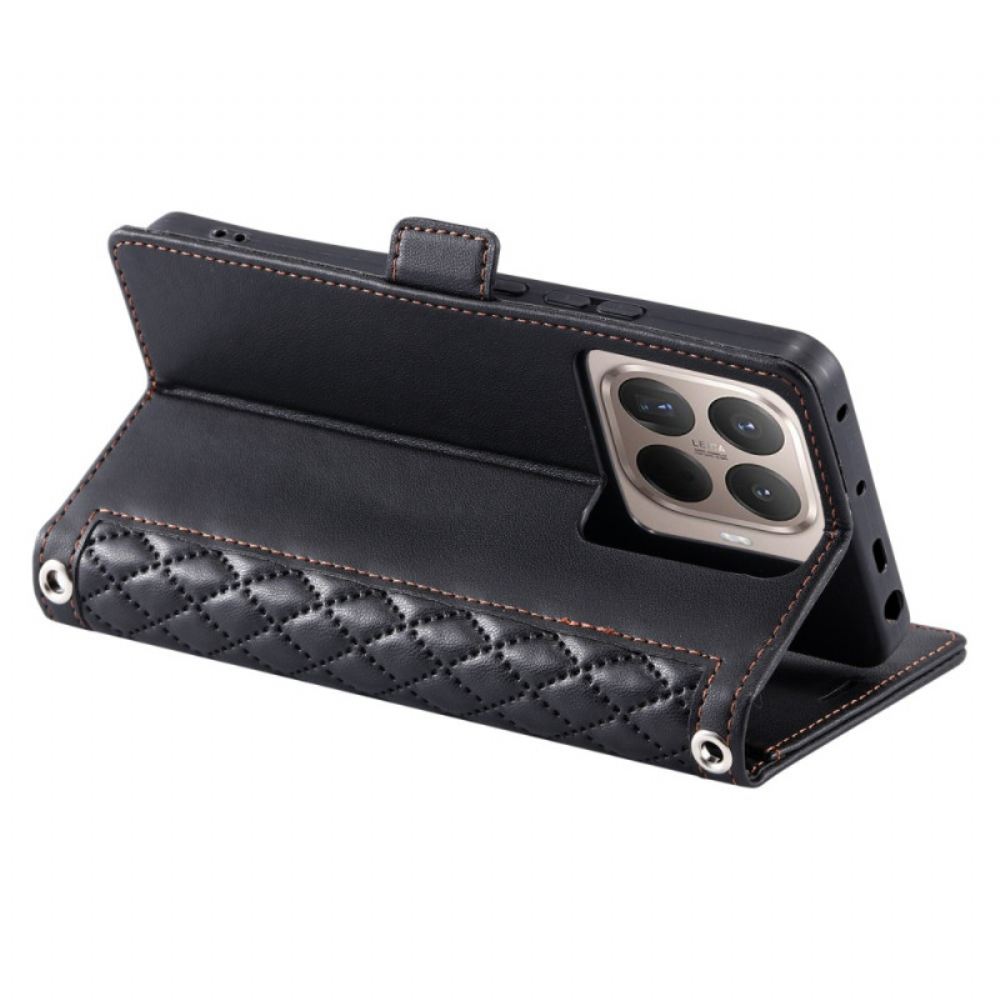 Kožený Kryt Xiaomi 15t Pro Prošívané S Popruhem