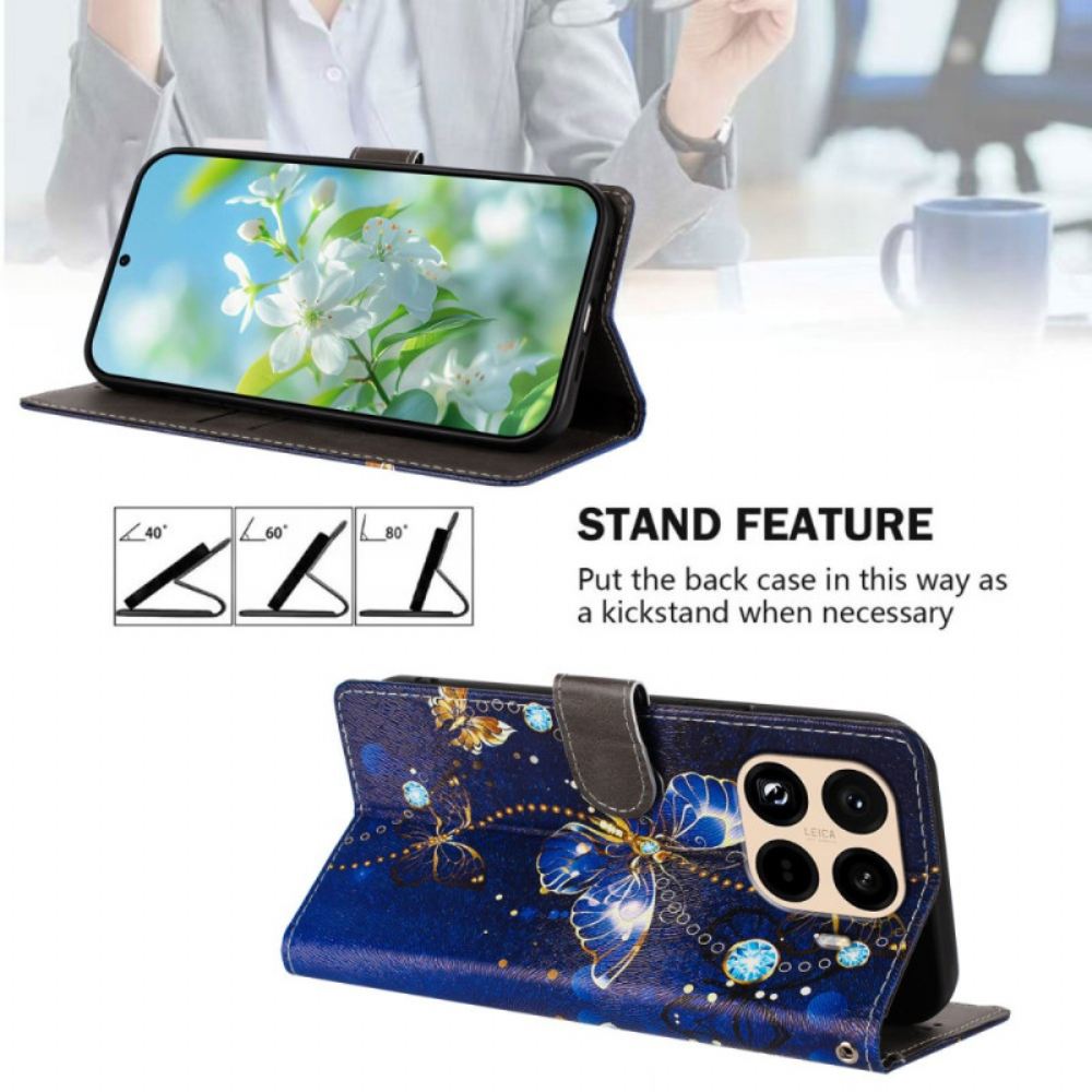 Kožený Kryt Xiaomi 15t Pro Zlatí A Modří Motýli