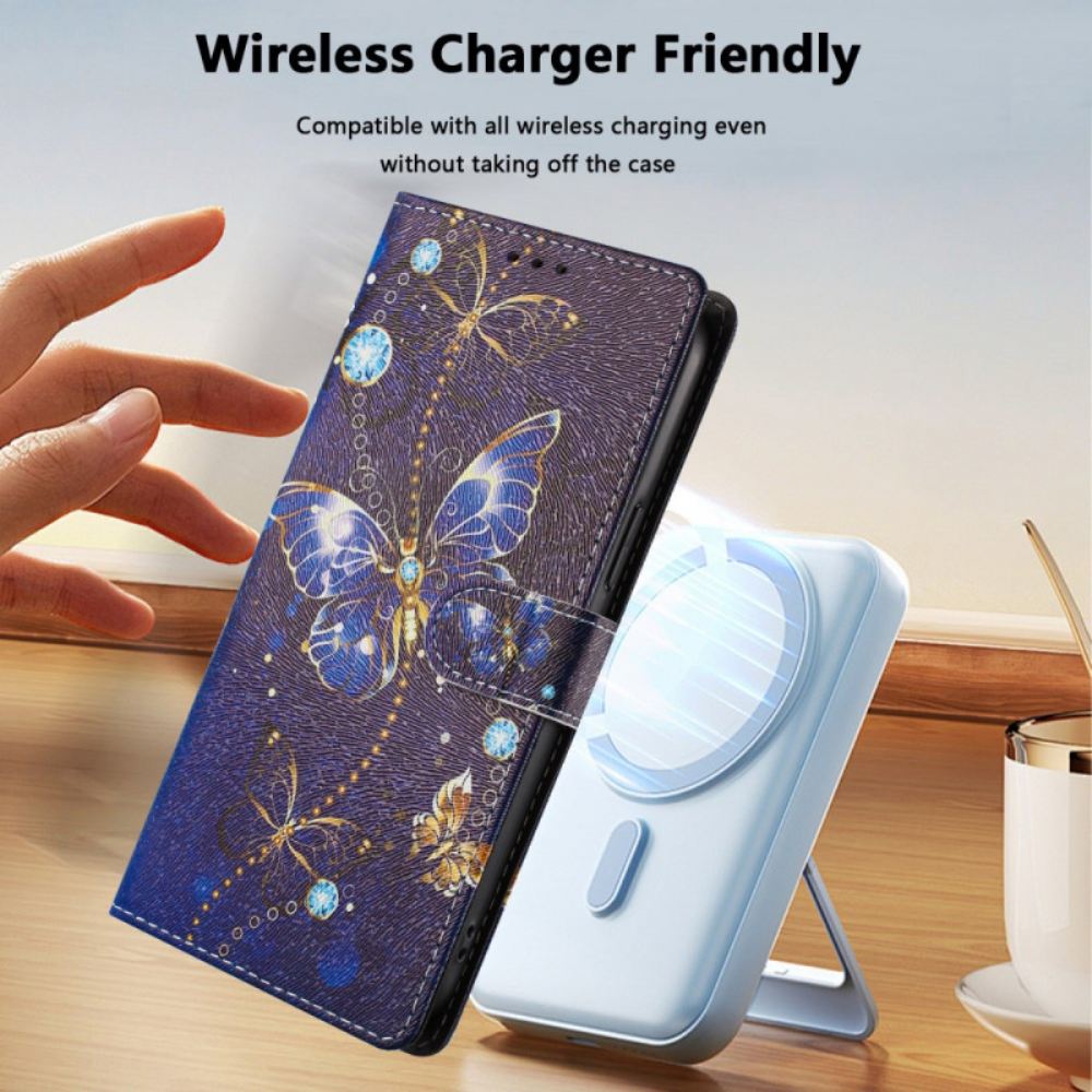 Kožený Kryt Xiaomi 15t Pro Zlatí A Modří Motýli