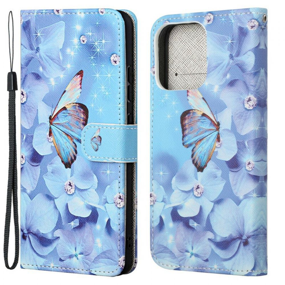 Flipové Pouzdro Na iPhone 13 Na Lana Motýli S Diamantovým Řemínkem