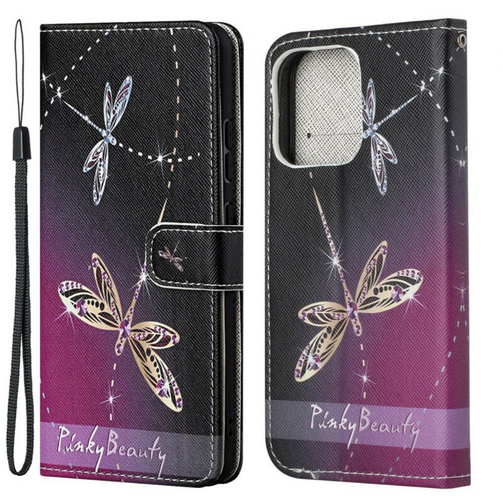 Flipové Pouzdro Na iPhone 13 Na Lana Strappy Vážky
