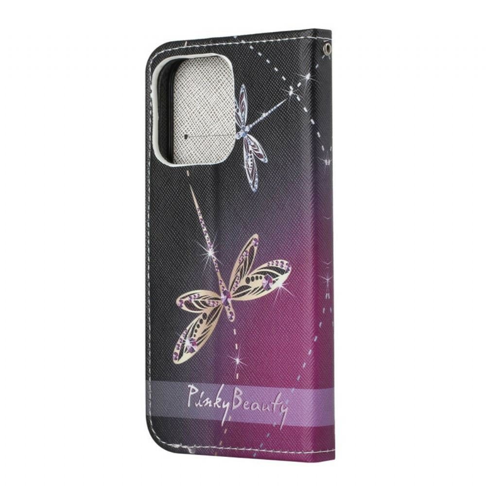 Flipové Pouzdro Na iPhone 13 Na Lana Strappy Vážky