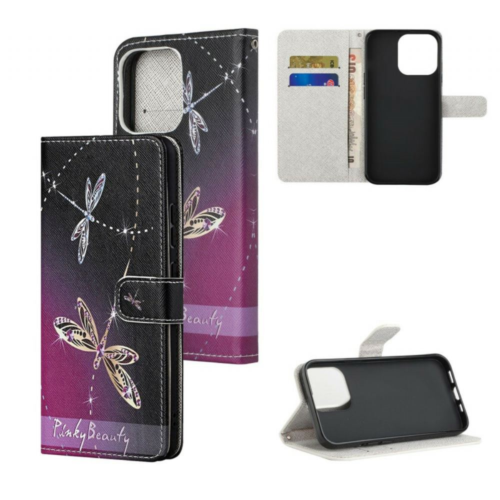Flipové Pouzdro Na iPhone 13 Na Lana Strappy Vážky