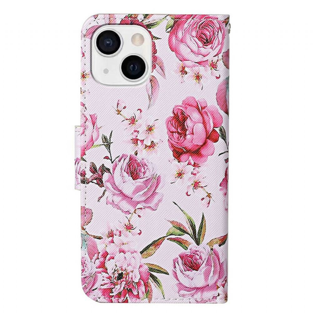 Flipové Pouzdro Na iPhone 13 Mistrovské Květiny S Popruhem