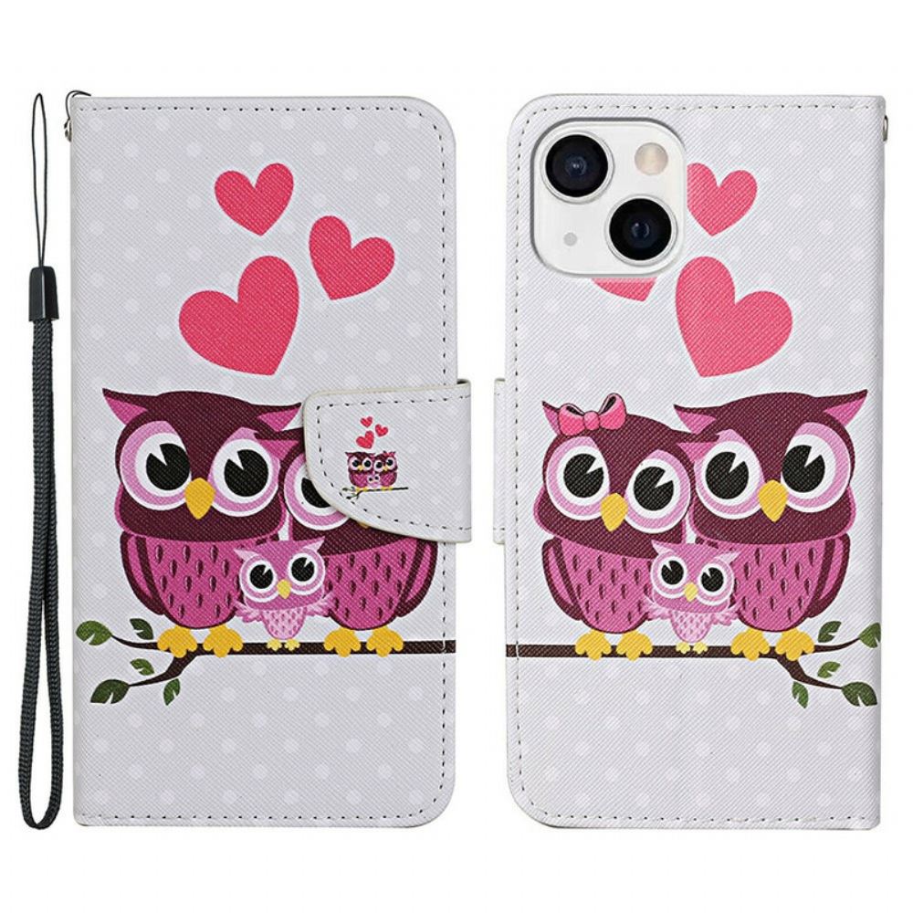Flipové Pouzdro Na iPhone 13 Soví Rodinka S Lanyardem