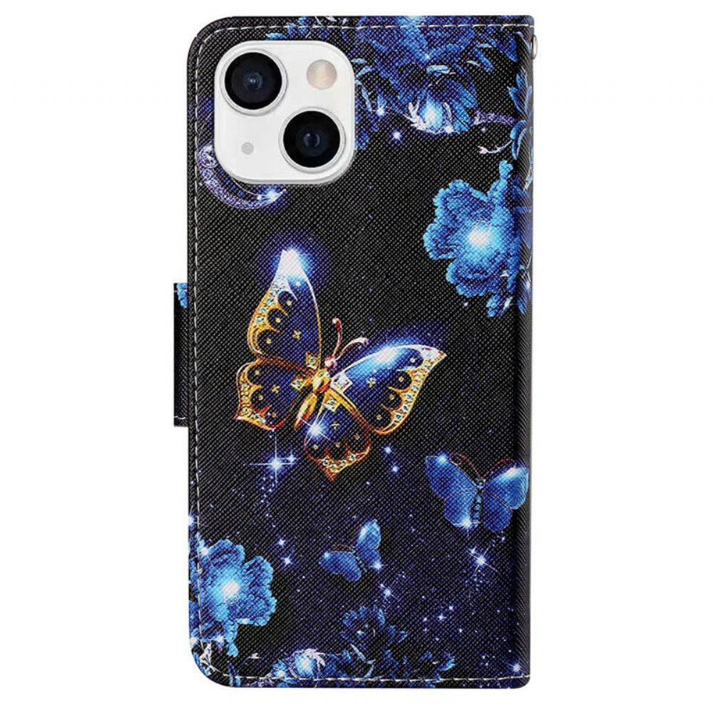 Kožené Pouzdro Na iPhone 13 Na Lana Vzácní Motýli Na Řemínku