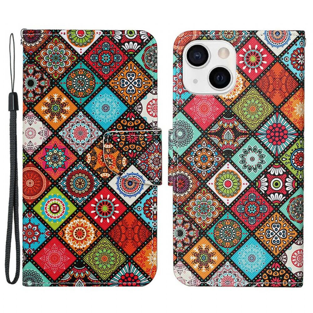 Kožené Pouzdro Na iPhone 13 Patchworkové Mandaly Se Šňůrkou