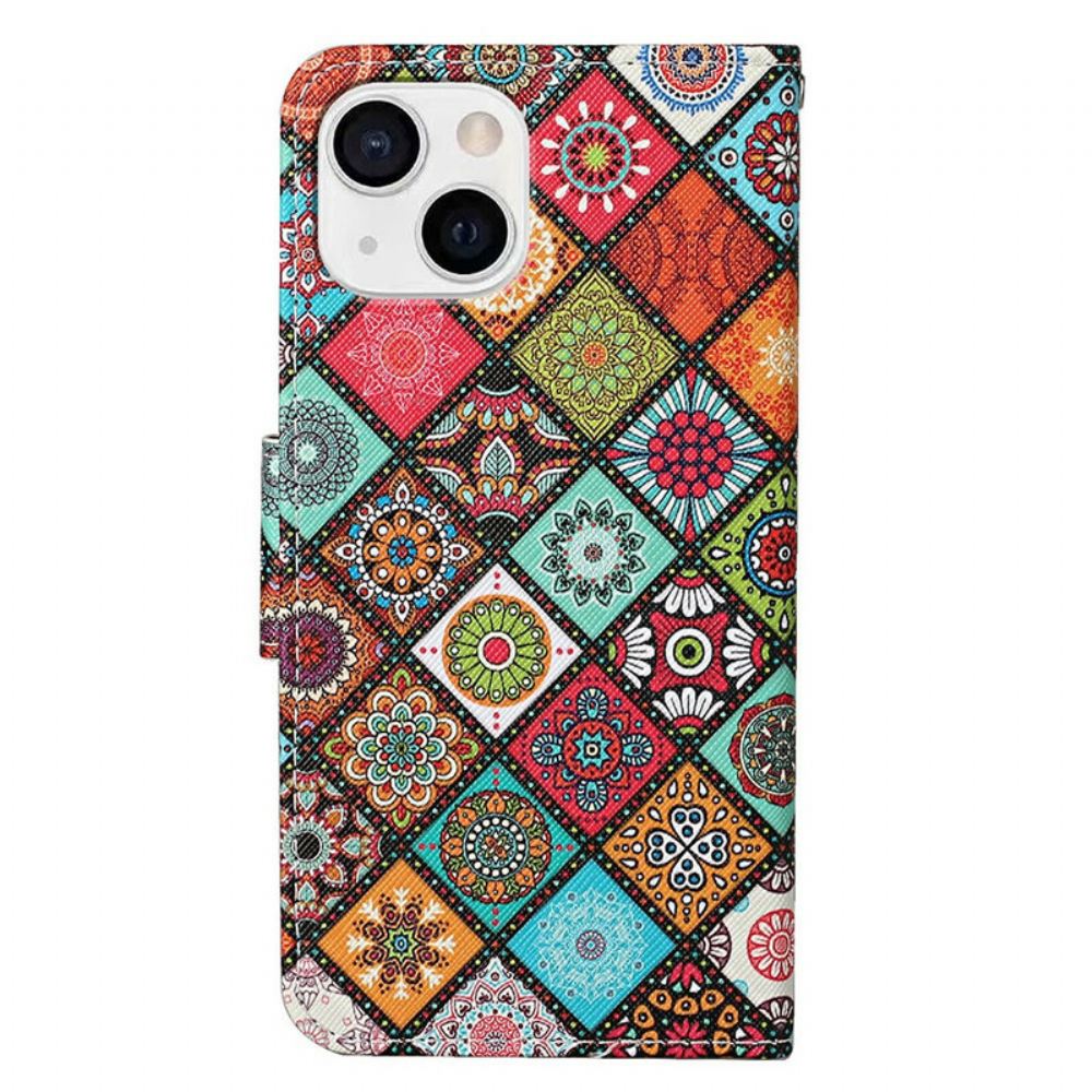 Kožené Pouzdro Na iPhone 13 Patchworkové Mandaly Se Šňůrkou