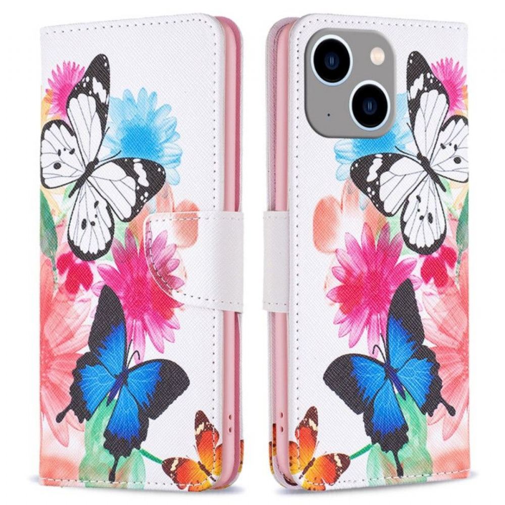 Flipové Pouzdro Na iPhone 15 Plus Akvareloví Motýli