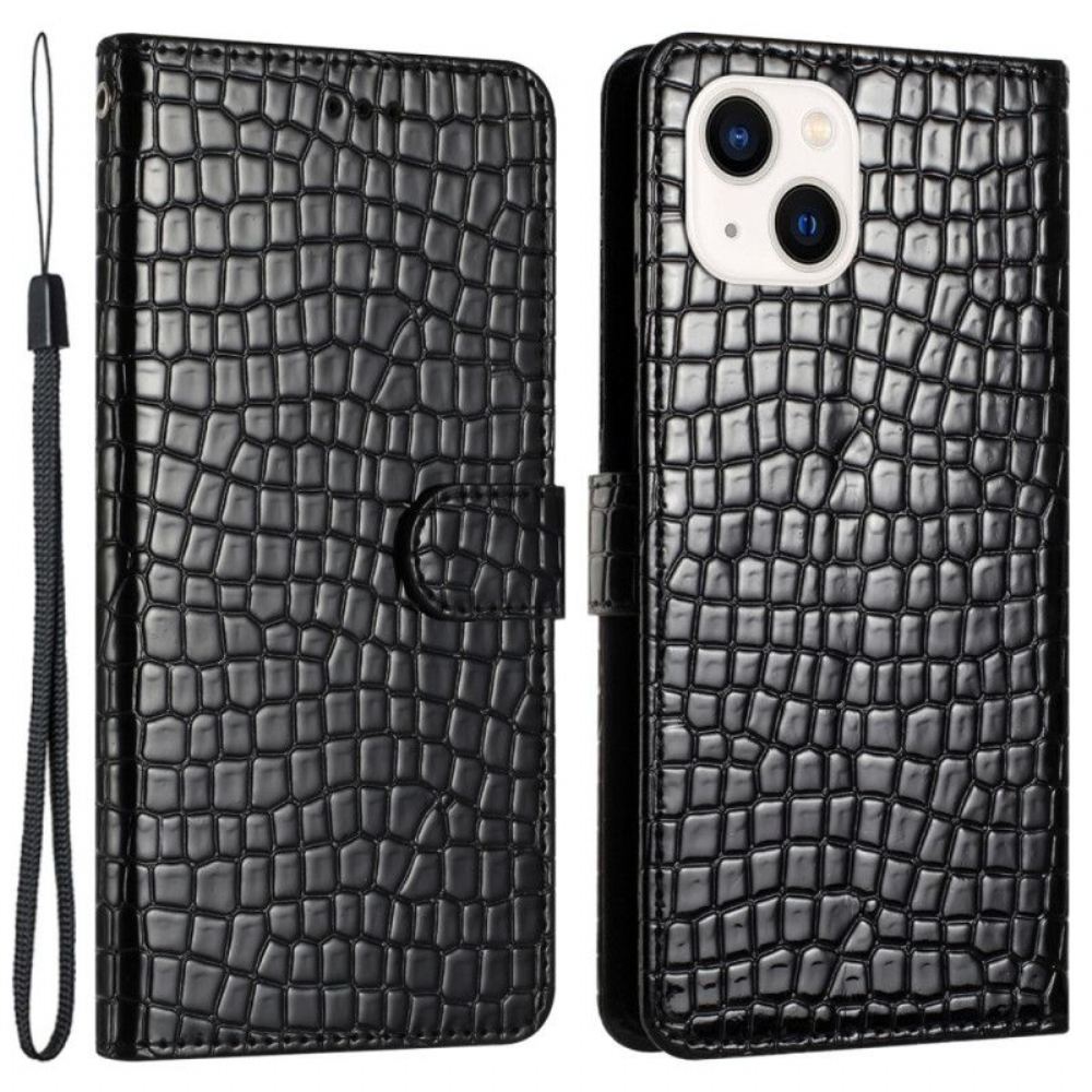 Flipové Pouzdro Na iPhone 15 Plus Krokodýlí Styl S Popruhem