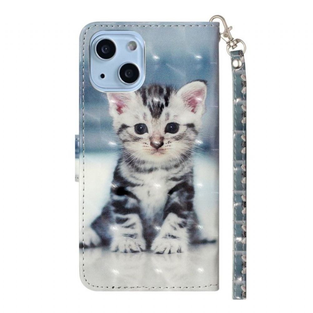 Flipové Pouzdro Na iPhone 15 Plus Na Lana 3d Kotě S Popruhem