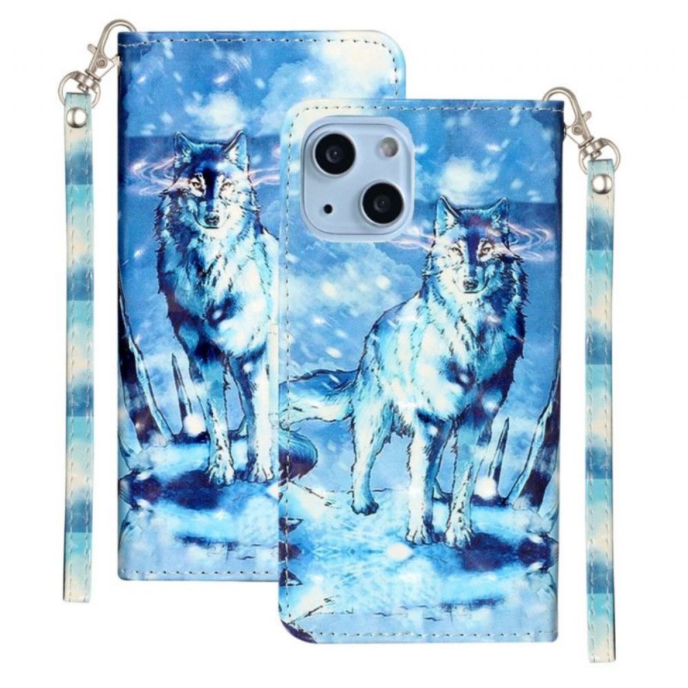 Flipové Pouzdro Na iPhone 15 Plus Na Lana 3d Vlk S Popruhem