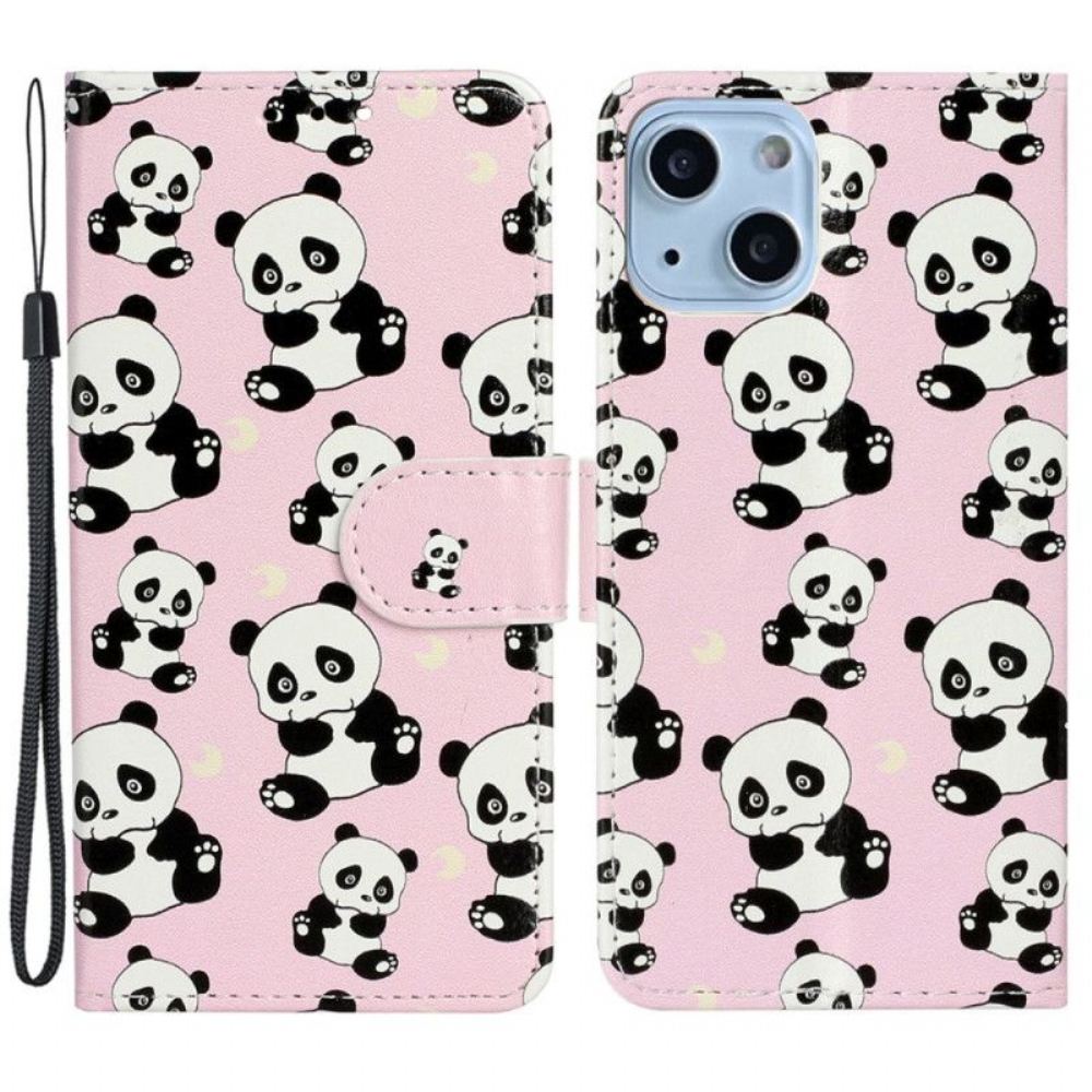 Flipové Pouzdro Na iPhone 15 Plus Na Lana Malé Pandy S Popruhem