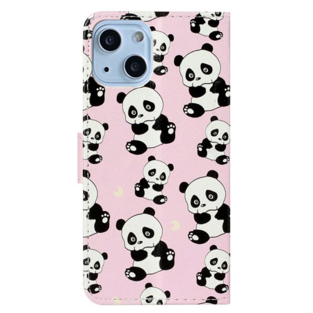 Flipové Pouzdro Na iPhone 15 Plus Na Lana Malé Pandy S Popruhem