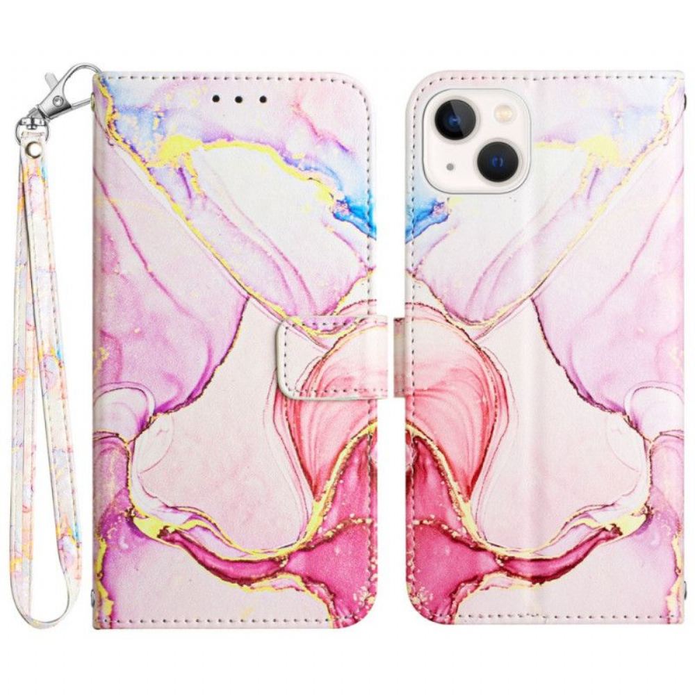Flipové Pouzdro Na iPhone 15 Plus Mramor Se Šňůrkou