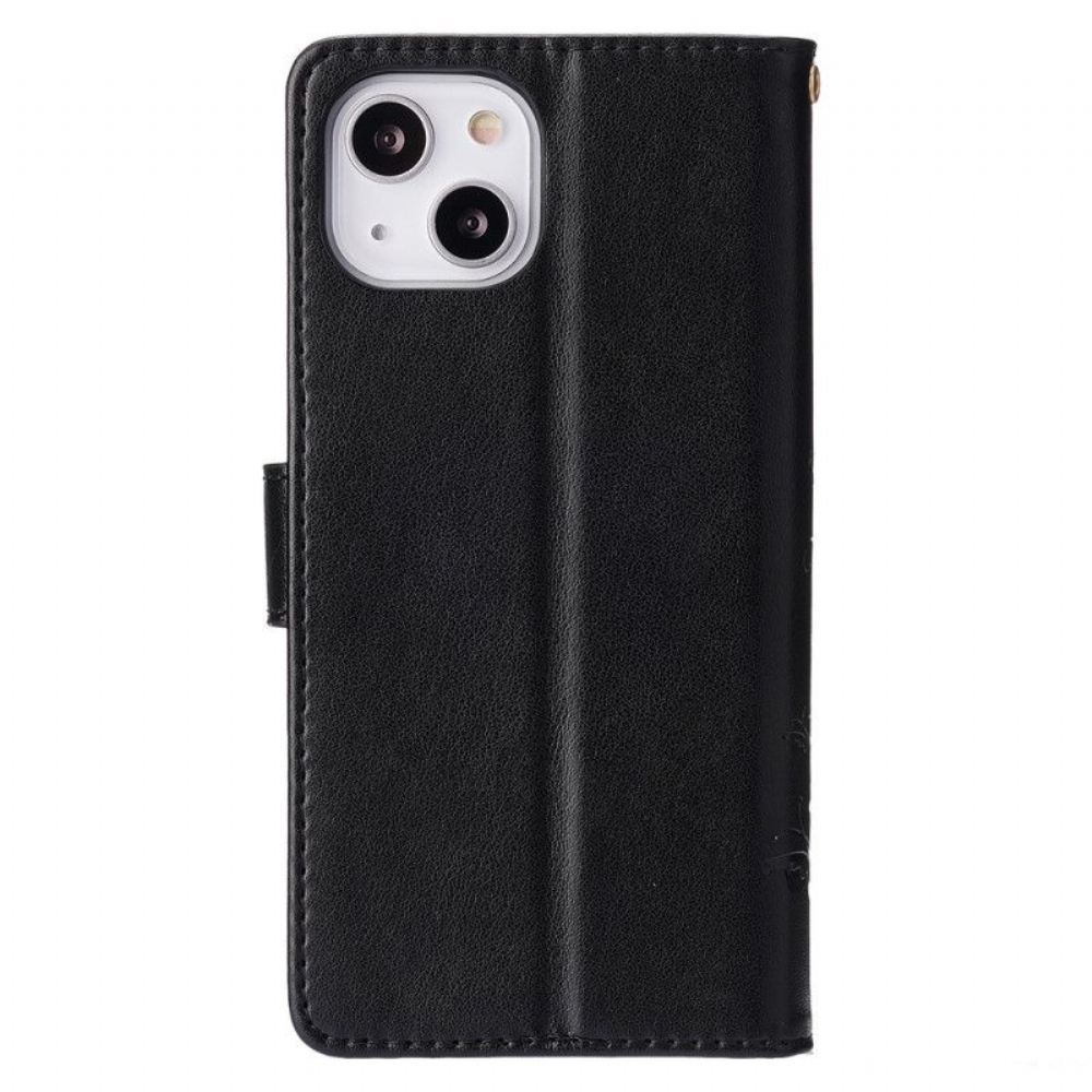Kožené Pouzdro Na iPhone 15 Plus Květiny A Motýli