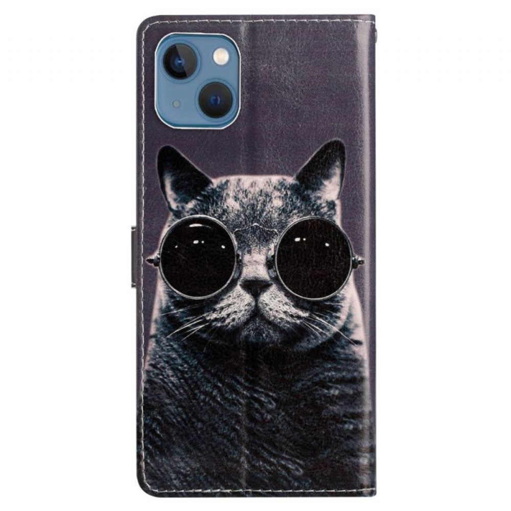 Kožené Pouzdro Na iPhone 15 Plus Na Lana Kočka S Brýlemi Na Řemínku