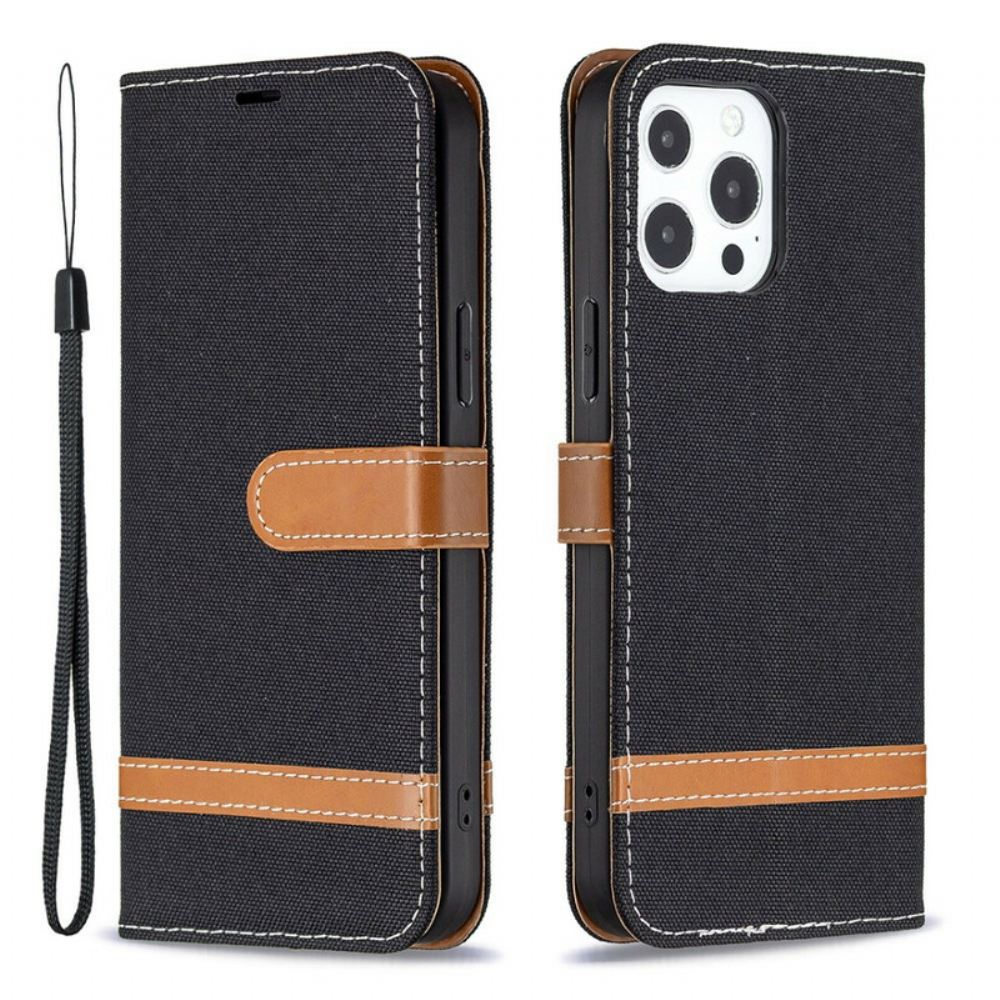 Flipové Pouzdro Na iPhone 13 Pro Max Na Lana Pásek S Látkovým A Koženým Efektem