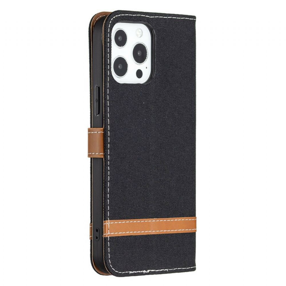 Flipové Pouzdro Na iPhone 13 Pro Max Na Lana Pásek S Látkovým A Koženým Efektem