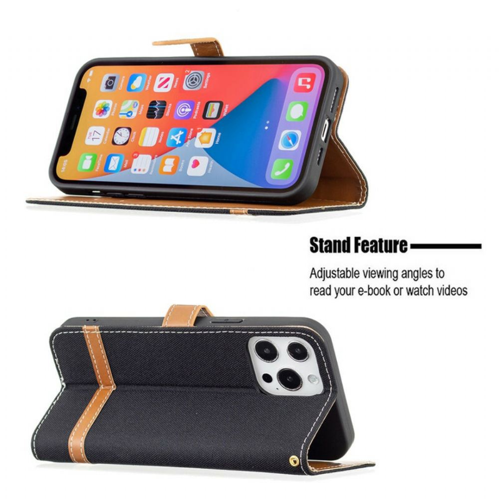 Flipové Pouzdro Na iPhone 13 Pro Max Na Lana Pásek S Látkovým A Koženým Efektem