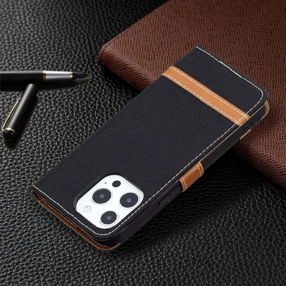 Flipové Pouzdro Na iPhone 13 Pro Max Na Lana Pásek S Látkovým A Koženým Efektem