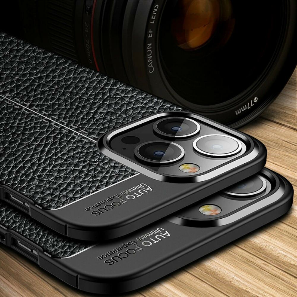 Kryt Na iPhone 13 Pro Max Dvojitá Linie Litchi Kožený Efekt