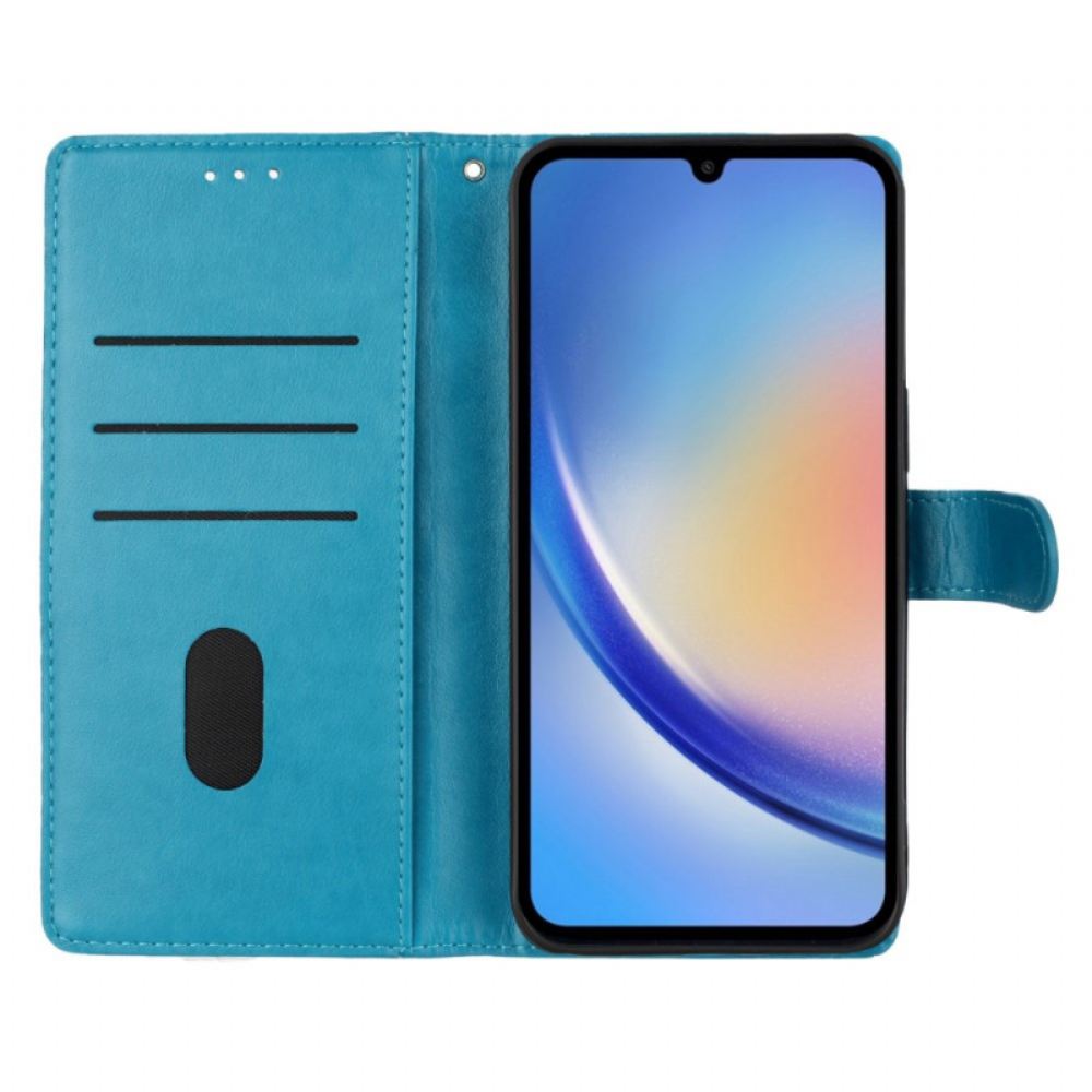 Kožený Kryt Na Samsung Galaxy S26 Plus Květinový Motýlí Vzor A Šňůrka Na Krk