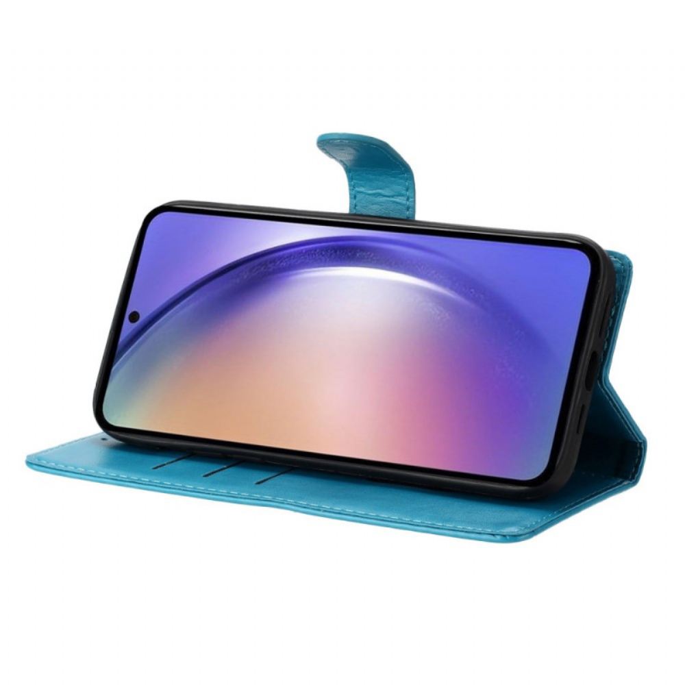 Kožený Kryt Na Samsung Galaxy S26 Plus Květinový Motýlí Vzor A Šňůrka Na Krk