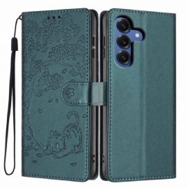 Kožený Kryt Na Samsung Galaxy S26 Plus Vzor Stromu A Kočky