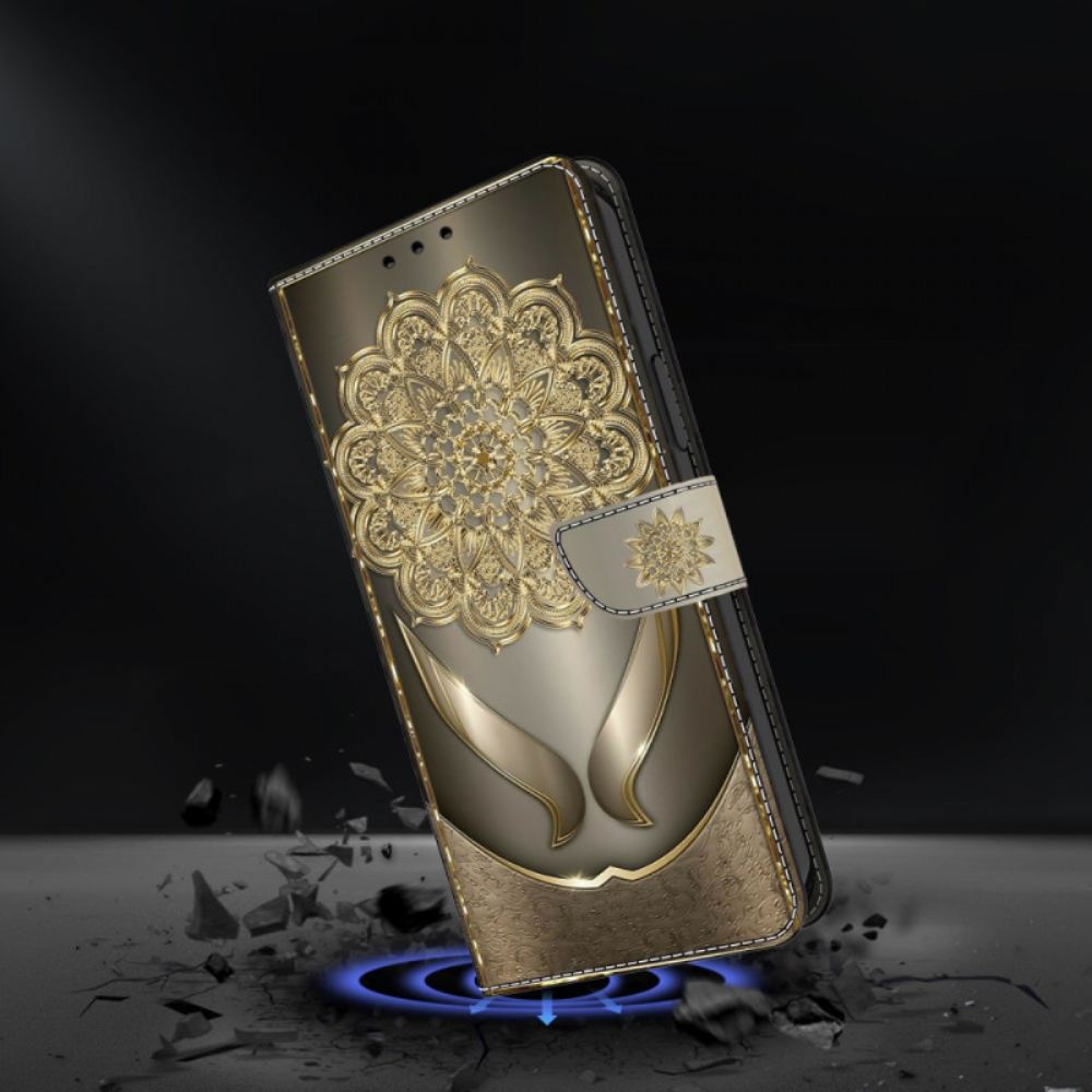 Kožený Kryt Samsung Galaxy S26 Plus Lesklé Zlaté Květiny