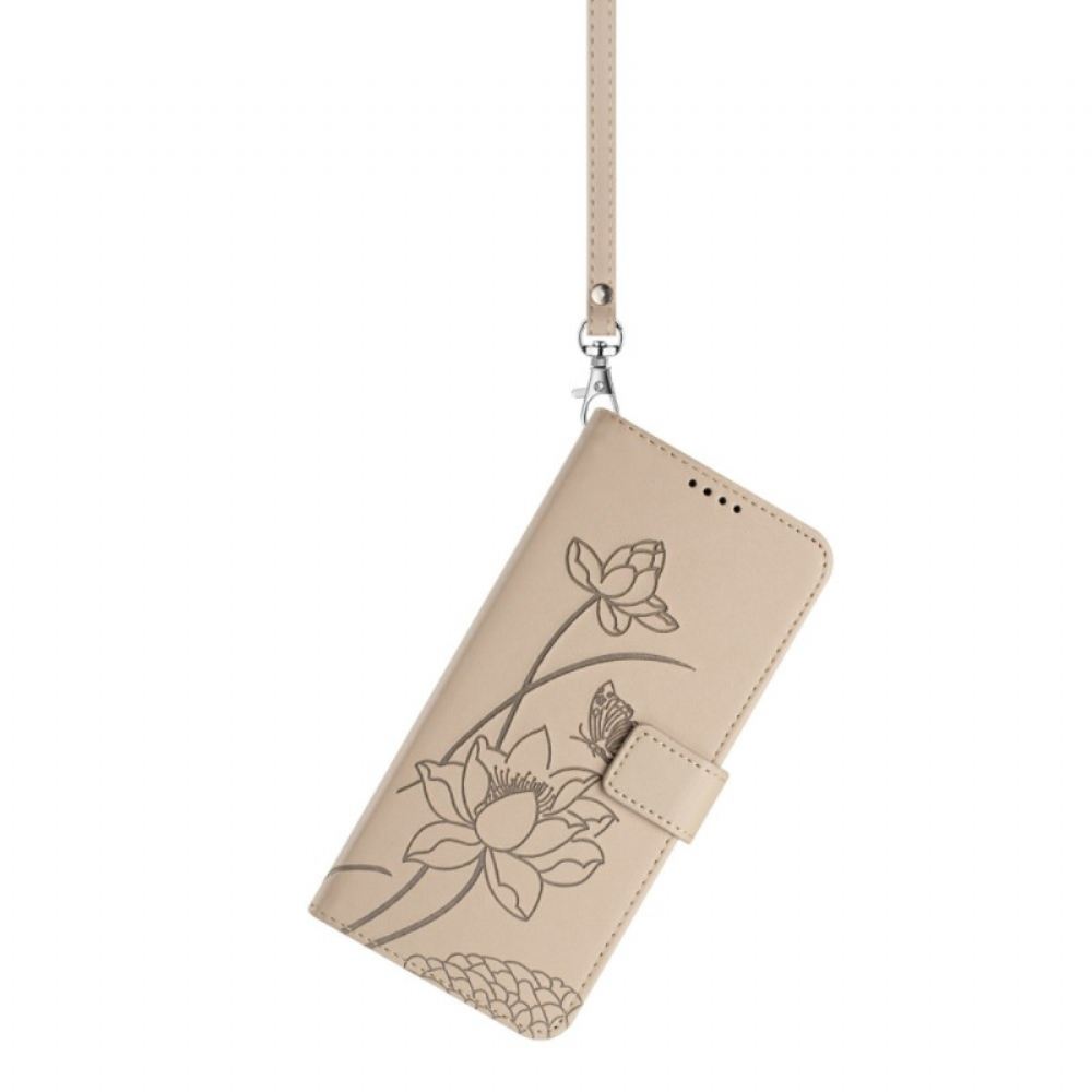 Kožený Kryt Samsung Galaxy S26 Plus Lotosový Vzor S Popruhem