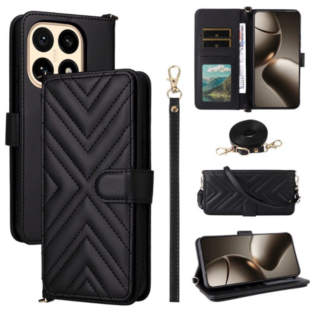 Kožený Kryt Na Xiaomi 15t Prošívané S Ramenním A Zápěstním Popruhem