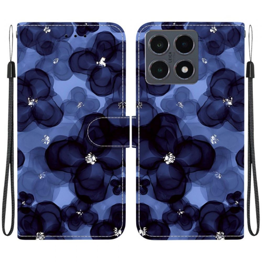 Kožený Kryt Xiaomi 15t Inkoustově Modré Květiny
