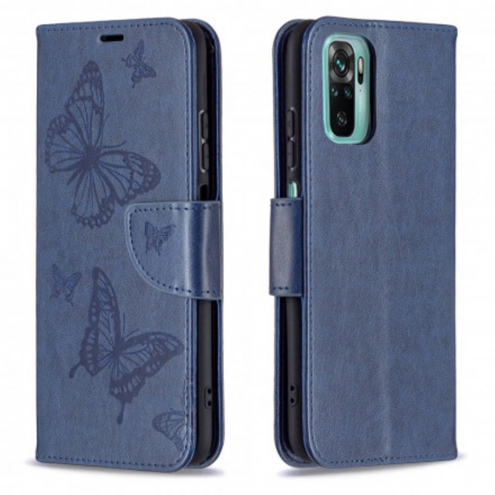 Kožené Pouzdro Na Xiaomi Redmi Note 10 / 10S Na Lana Popruh S Potiskem Motýlů