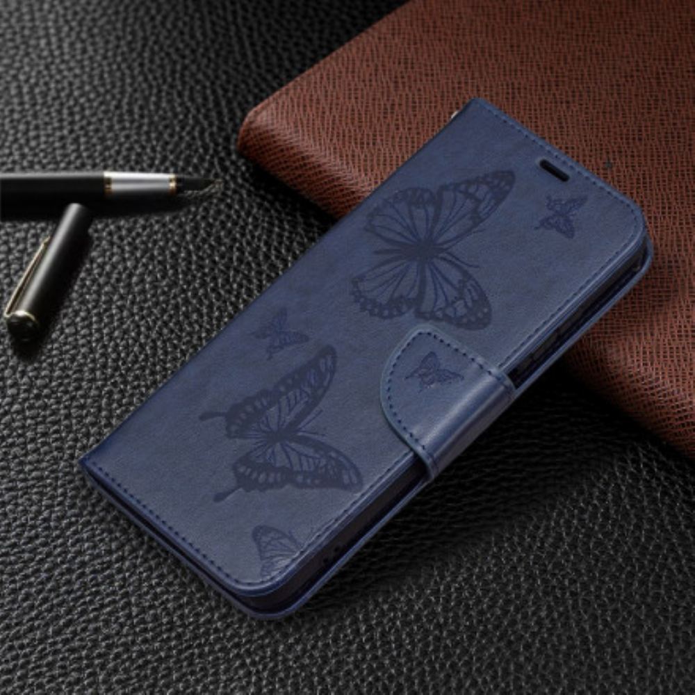 Kožené Pouzdro Na Xiaomi Redmi Note 10 / 10S Na Lana Popruh S Potiskem Motýlů