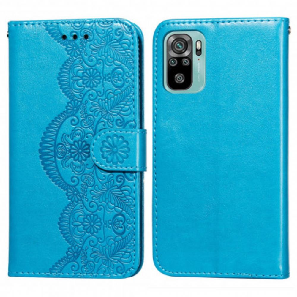 Kožené Pouzdro Na Xiaomi Redmi Note 10 / 10S Tisk Květinové Výšivky