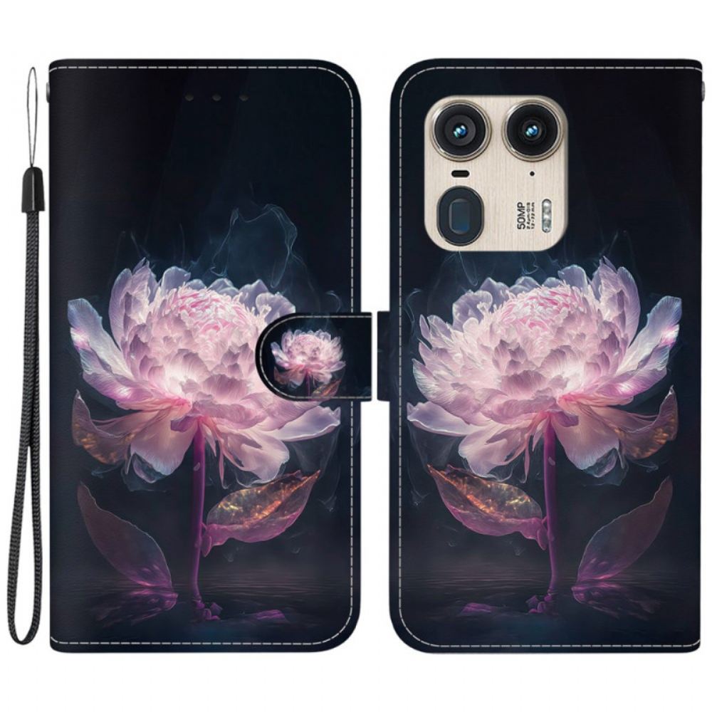 Kožený Kryt Motorola Edge 50 Ultra Fialová Pivoňka S Řemínkem