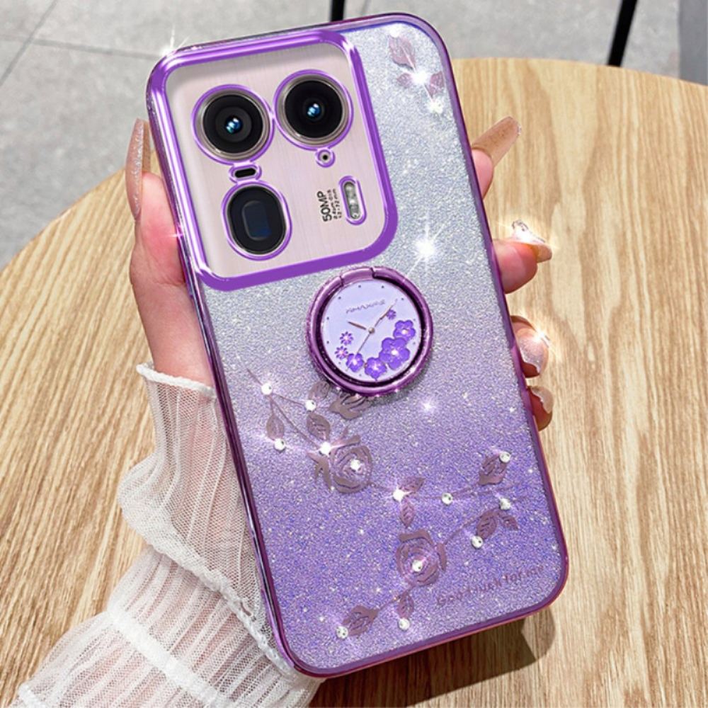 Kryt Na Motorola Edge 50 Ultra Květinový A Kamínkový Podpůrný Prsten Kadem