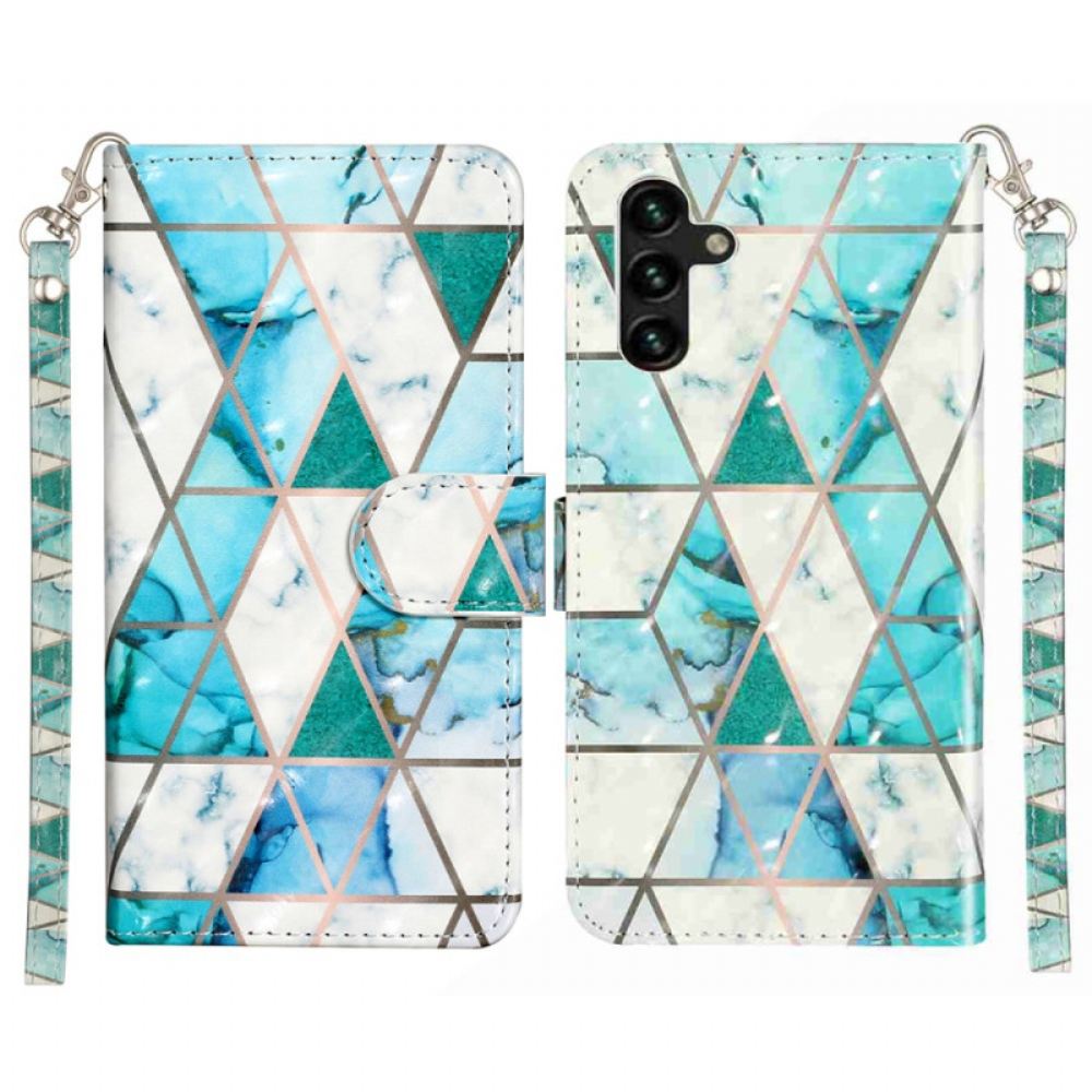 Kožený Kryt Na Samsung Galaxy S25 Fe Modrý Mramor Se Šňůrkou Na Krk