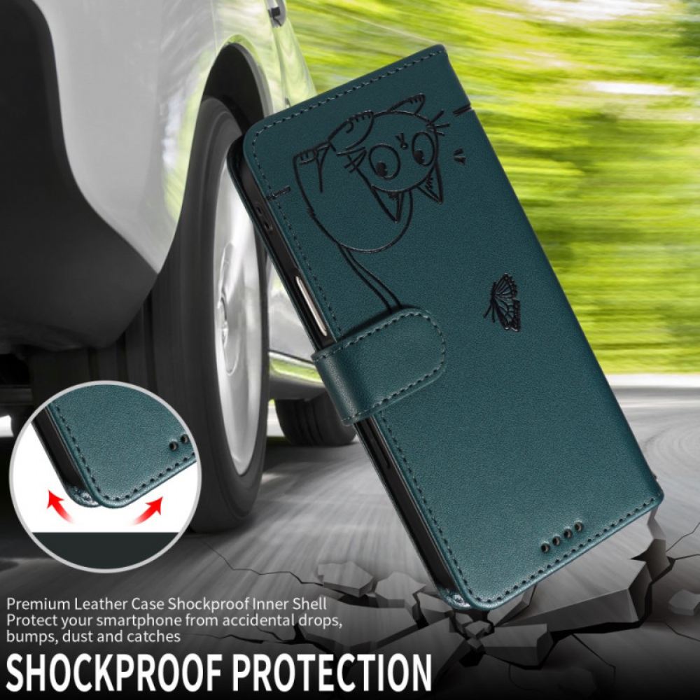 Kožený Kryt Samsung Galaxy S25 Fe Kočičí Potisk S Popruhem