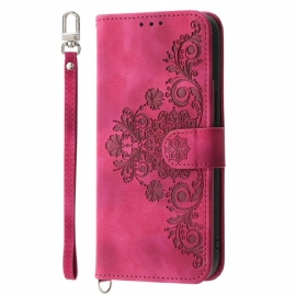 Kožený Kryt Samsung Galaxy S25 Fe Krajkový Potisk S Řemínkem A Ramenním Popruhem