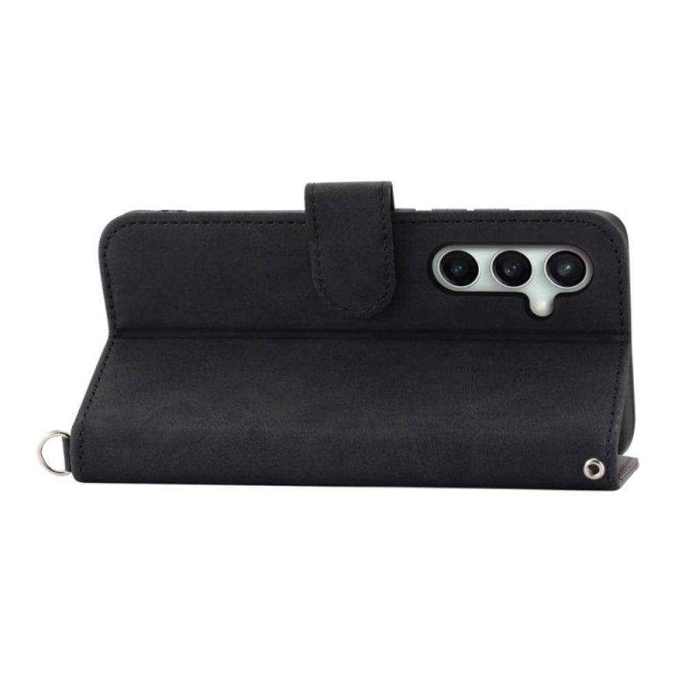 Kožený Kryt Samsung Galaxy S25 Fe Krajkový Potisk S Řemínkem A Ramenním Popruhem