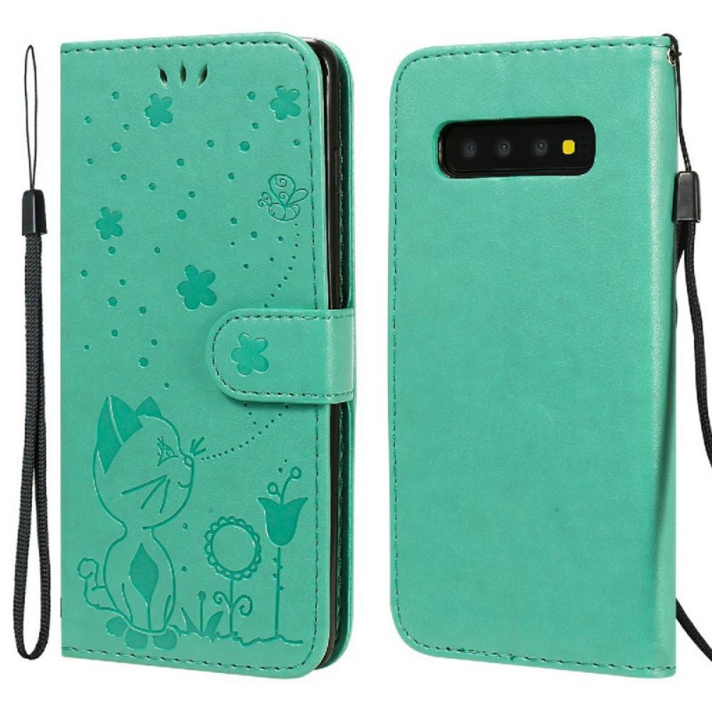 Flipové Pouzdro Na Samsung Galaxy S10 Na Lana Kočka A Včelka S Popruhem