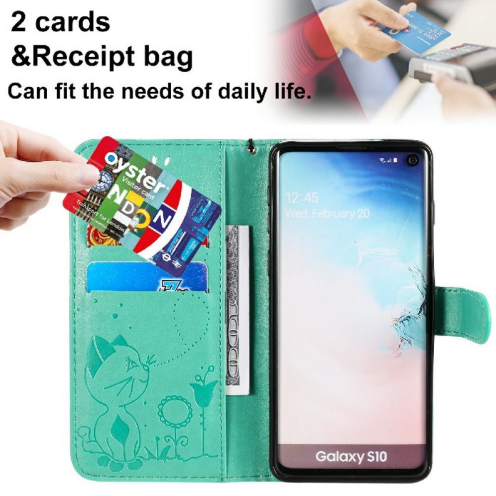 Flipové Pouzdro Na Samsung Galaxy S10 Na Lana Kočka A Včelka S Popruhem
