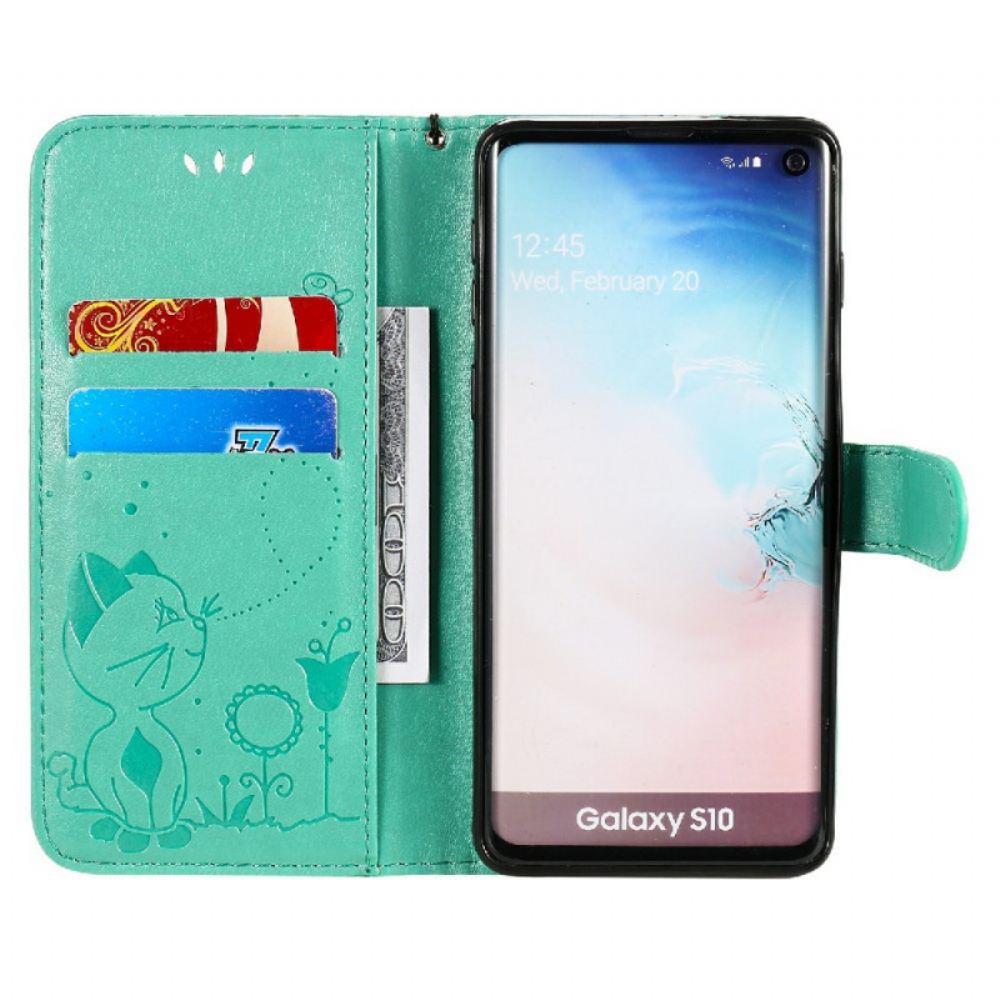 Flipové Pouzdro Na Samsung Galaxy S10 Na Lana Kočka A Včelka S Popruhem
