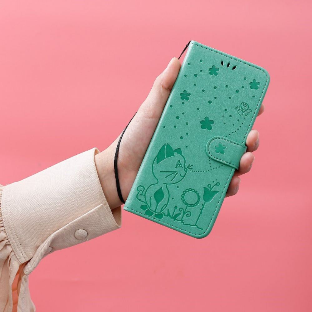Flipové Pouzdro Na Samsung Galaxy S10 Na Lana Kočka A Včelka S Popruhem