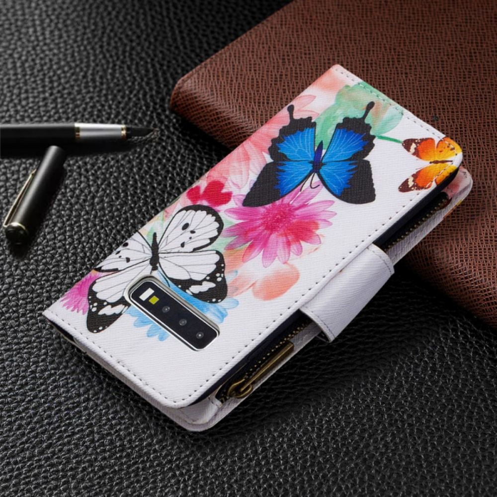 Kožené Pouzdro Na Samsung Galaxy S10 Kapsa Na Zip S Motýly